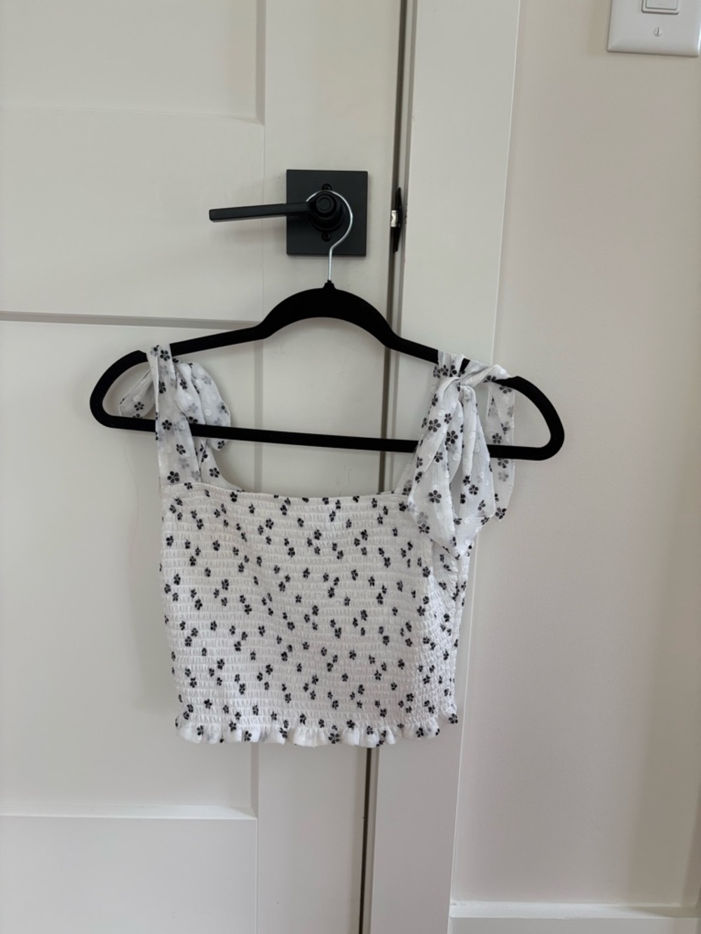 White Floral Smocked Tie-Shoulder Crop Top